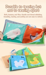 Vue détaillée d'un livre en tissu pour bébé, résistant aux déchirures avec motifs d'animaux