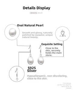 Detail view of S925 sterling silver hooks and oval natural freshwater pearls for earrings