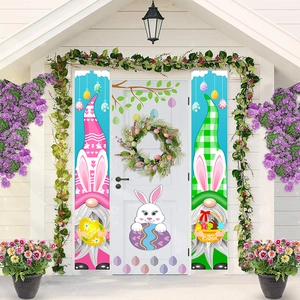 Easter porch banner set with Hello Spring and Happy Easter gnomes on white door