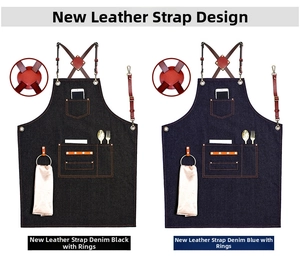 Flat lay of durable canvas aprons with leather straps and large utility pockets