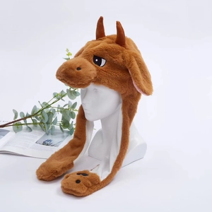 Detail of plush animal hat with movable ears and embroidered paw prints on brown fabric