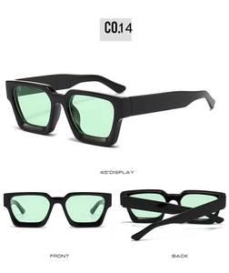 Detailed view of square black sunglasses with light green lenses from multiple angles