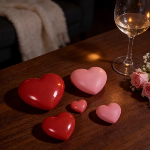 Set of heart-shaped resin aromatherapy candle molds on a rustic wooden table