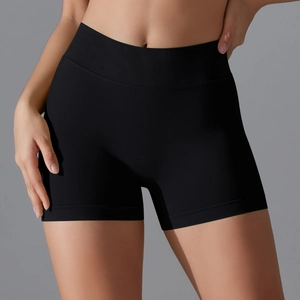 Détails de la taille haute côtelée sans couture du short de fitness noir pour femme