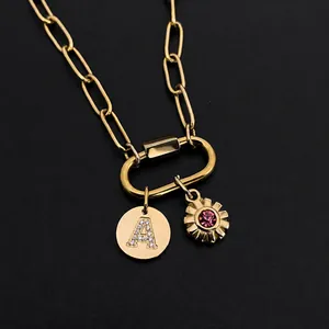 Stainless Steel Initial Letter Pendant Necklace 14K Gold Plated Rhinestone Sunflower Charm Paperclip Chain Necklace For Women