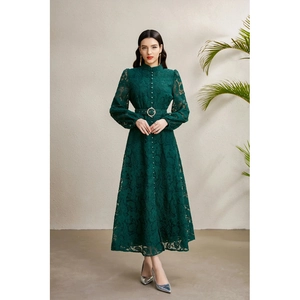 Elegant dark green lace dress with stand collar, lantern sleeves and waist belt for women