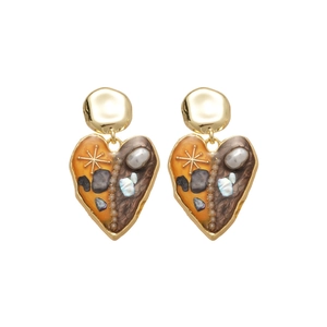 French vintage heart earrings with amber resin, pearls, and gold metal accents