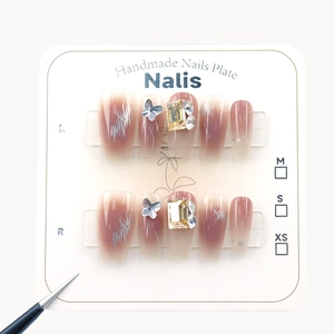Pink gradient handmade press-on nails with silver glitter, 3D butterfly, and large square rhinestones