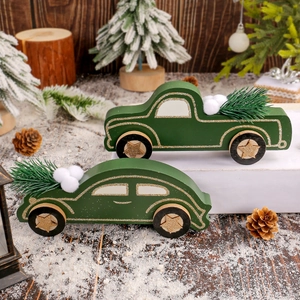 Ornement de Voiture en Bois de Noël Vert Foncé Vintage Avec Aiguilles de Pin Accents de Paillettes Décoration de Table Maison Fête