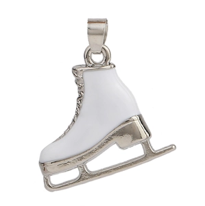 Detail of white enamel ice skate charm with silver metal accents for jewelry making