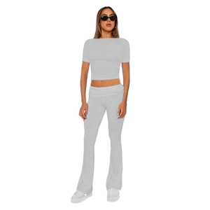 Women's casual light gray two-piece set featuring short sleeve top and flare pants