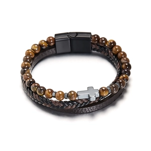 Multi-layer natural stone leather bracelet with silver cross and magnetic clasp