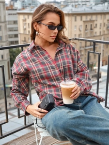 Plaid long-sleeve lapel shirt in red and gray check with casual vintage urban style
