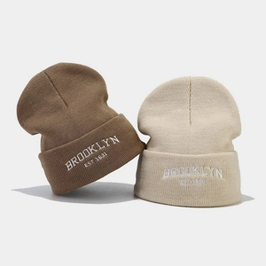 Brooklyn Letter Embroidery Knitted Beanie Acrylic Cuffed Winter Warm Streetwear Hat For Men Women