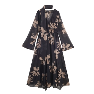 Elegant floral print chiffon maxi dress with long sleeves and matching scarf accessory