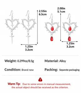 Detailed product size and weight chart for gothic thorn heart and cross drop earrings