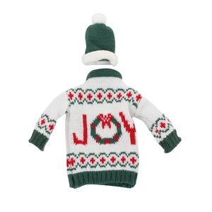 Christmas knitted wine bottle cover with hat featuring red JOY text and green accents