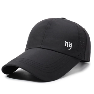 Black breathable quick-dry baseball cap with NY embroidery and laser-cut side vents