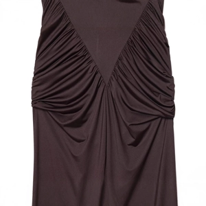 Chocolate brown halter neck dress with elegant radial pleats and silky finish texture