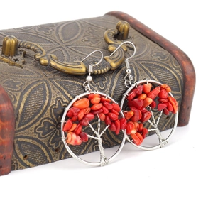 Handmade silver wire-wrapped Tree of Life earrings with red and orange natural crystals
