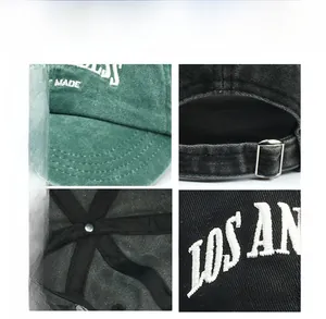 Detail view of washed cotton baseball cap with Los Angeles embroidery and metal buckle