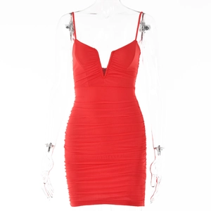 Detailed view of red ruched bodycon dress with sexy V-neck and spaghetti straps