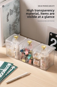 Vertical fluted acrylic storage box set with decorative golden flower lids on desktop