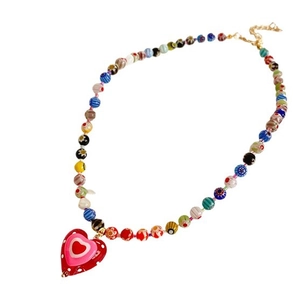 Colorful handmade glass bead heart pendant necklace with gold lobster clasp and chain