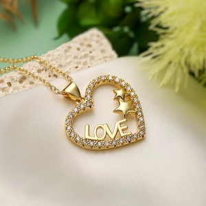 18K gold plated heart pendant necklace with LOVE engraving and star zircon accents