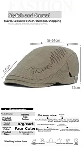Detailed size specifications for the washed cotton newsboy cap with side embroidery