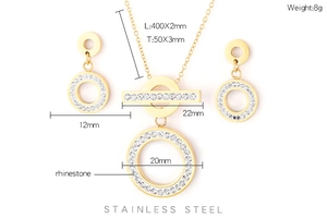 Detailed size specifications for the rhinestone inlaid stainless steel jewelry set