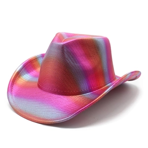 Detail of colorful metallic rainbow cowboy hat with vibrant gradient and western design