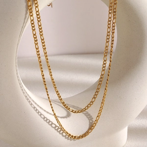Minimalist double-layered 18K gold plated stainless steel Figaro chain necklace for women