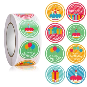 Roll of 8 colorful Happy Birthday round adhesive stickers for gift wrapping and party favors