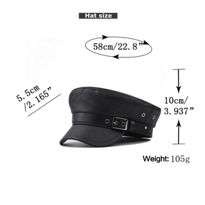 Detail showing dimensions of black PU leather baker boy hat with 58cm head circumference