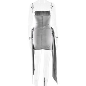 Detail view of grey strapless dress featuring back zipper and elegant side ribbons