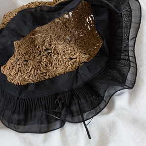 Detailed macro view of woven straw texture with elegant black chiffon lace and mesh trim
