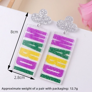 Detail view of acrylic Carnival earrings with colorful stripes and 8cm x 2.8cm size