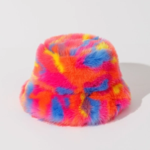 Close-up of vibrant rainbow faux fur texture on a thick plush winter bucket hat