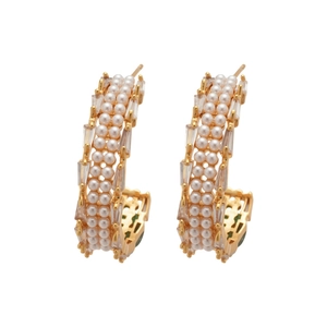 Gold-plated C-shaped earrings with rows of white pearls and rectangular cubic zirconia