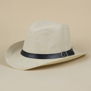 Detail of breathable straw fedora with black leather band and silver buckle closure