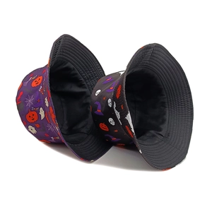 Halloween bucket hats with pumpkin and ghost prints in black and purple colors