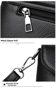 Detail of silver hardware zipper and strap buckle on black lychee leather handbag