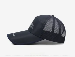 Detail view of breathable navy blue mesh truck cap with Streetwear embroidery and side logo