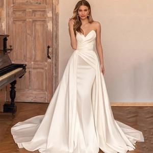 Wedding Dress Satin Strapless Sweetheart Backless Mermaid With Large Train Pleated Ivory Elegant For Women Bridal