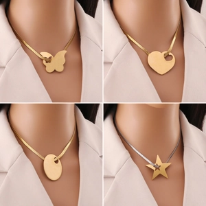 Stainless Steel Pendant Necklace Butterfly Heart Star Oval Shape Flat Snake Chain Fashion Jewelry For Women