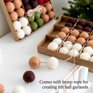 Christmas wool felt ball set in wooden box with jute rope for DIY holiday tree decor