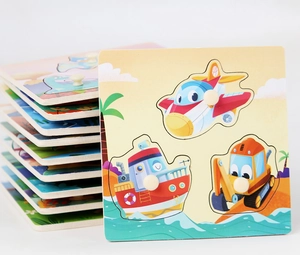 Macro detail of wooden peg puzzle featuring colorful cartoon transport vehicle shapes
