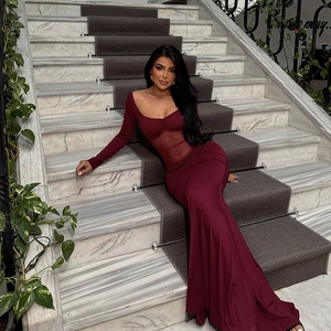 Slim fit burgundy long sleeve maxi dress with sheer mesh patchwork inserts