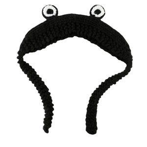 Handmade black crochet frog headband with cute big eyes, cozy knitted ear warmer winter wrap